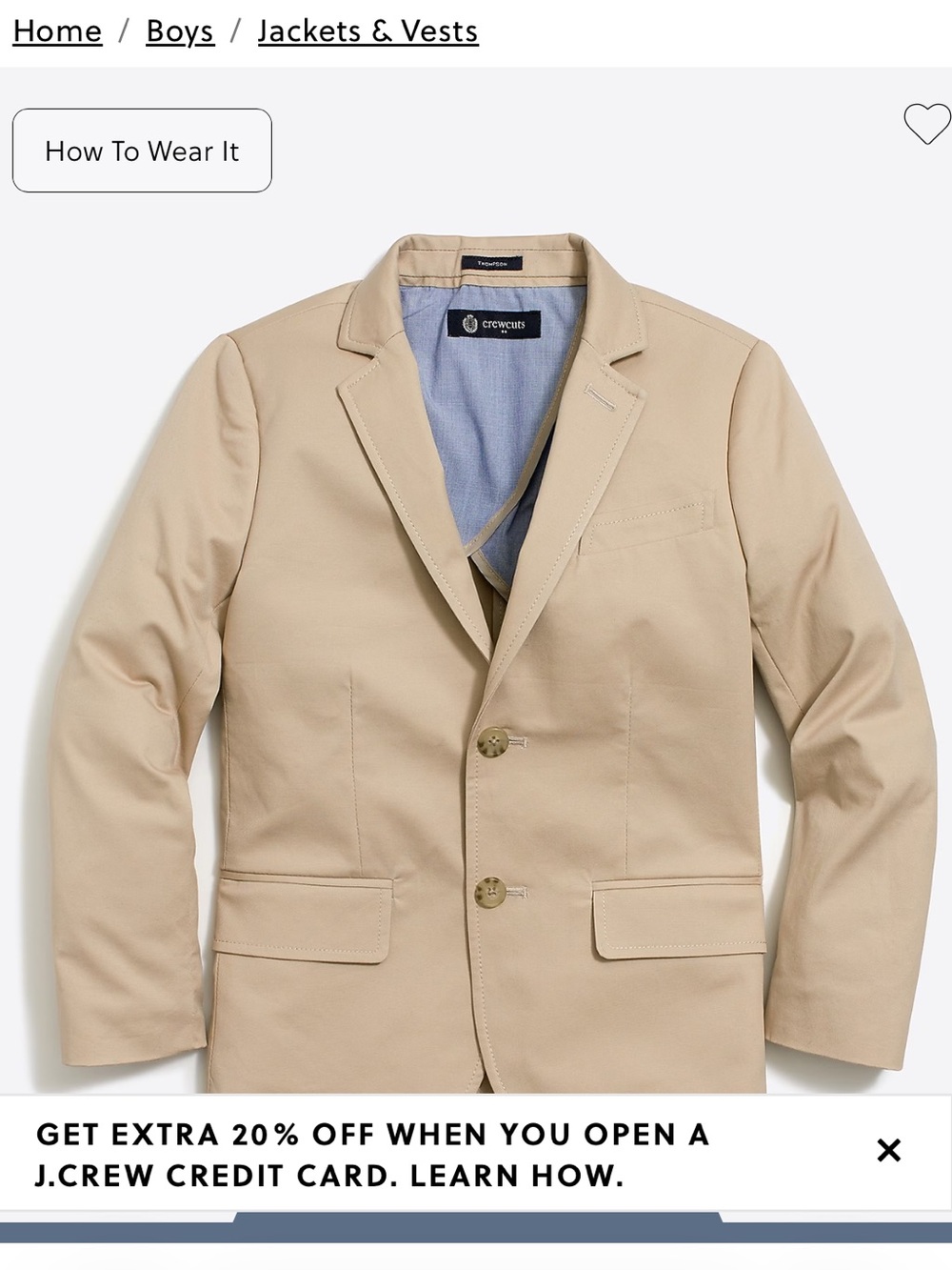 Jcrew Crew Cuts Boys Boys' Thompson suit jacket in flex chino size 12